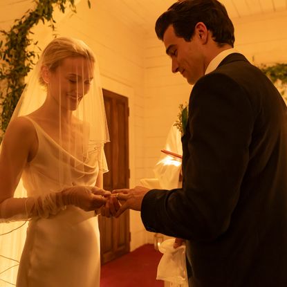 sarah pidgeon and paul anthony kelly in character as carolyn bessette-kennedy and john f kennedy jr on the set of love story