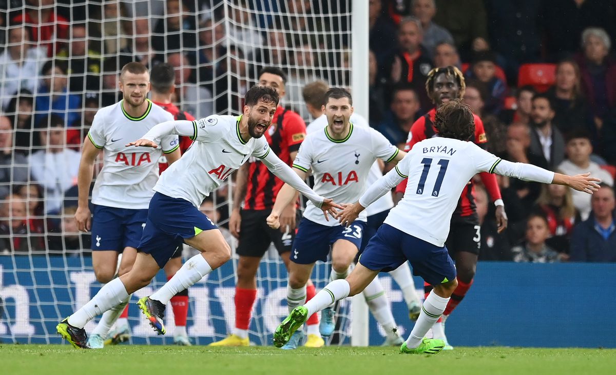 Rodrigo Bentancur celebrates after scoring a late winner for Tottenham against Bournemouth.