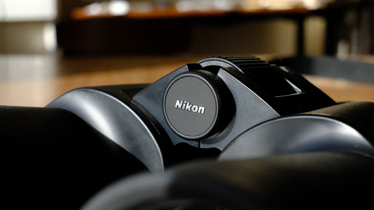 The Nikon logo in between the barrels on the Nikon Action 16x50 binoculars.