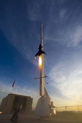 Lockheed Martin’s autonomous rocket plane lifts off from the UP Aerospace launch complex at Spaceport America in Southern New Mexico in August 2008.