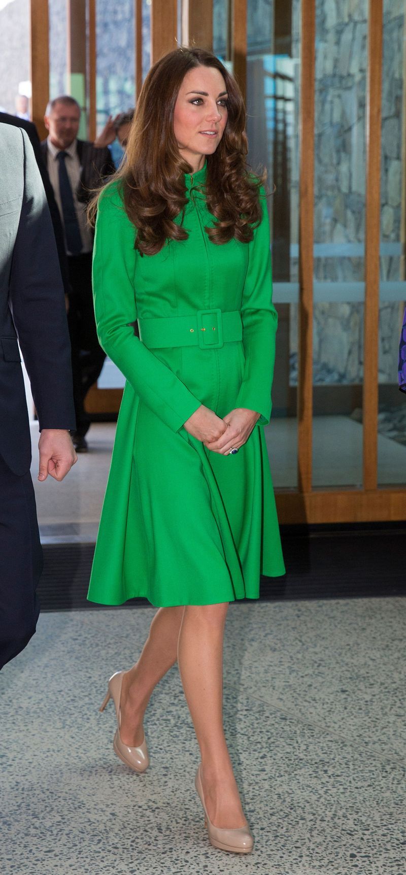 While attending a series of events in Australia, Middleton made us green with envy in this belted Catherine Walker coat dress.