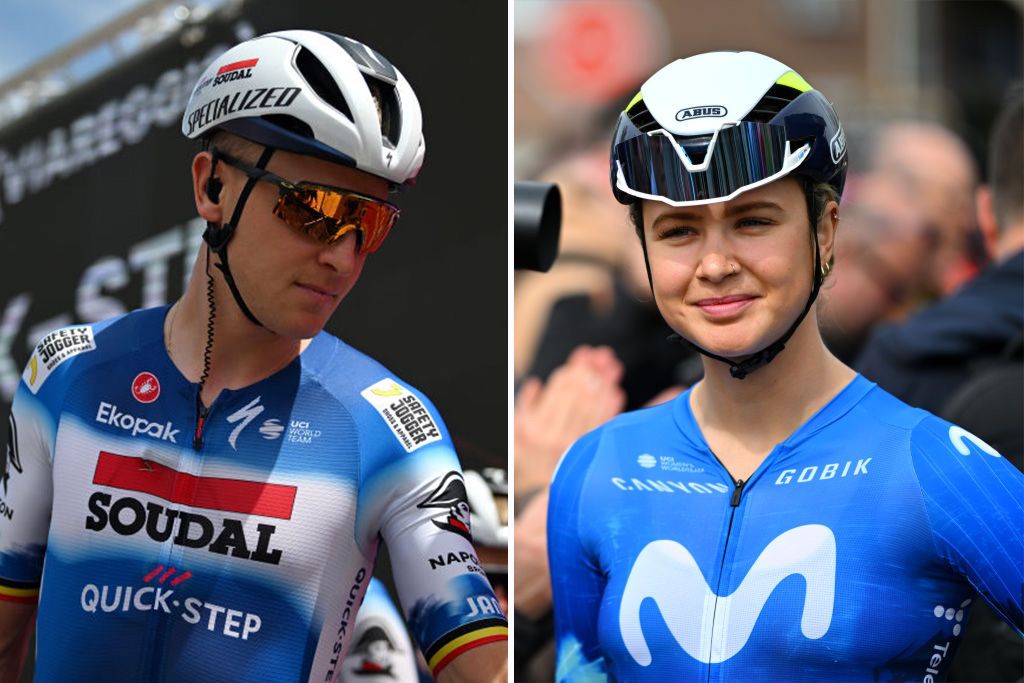 Tim Merlier (Soudal-QuickStep) and Emma Norsgaard (Movistar)