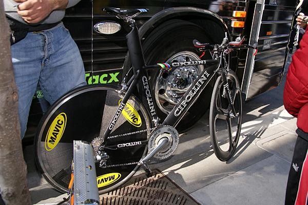 Rock Racing's Mario Cipollini rode his own make of bike for this year's prologue.