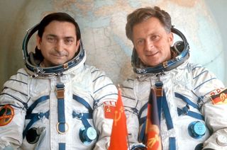 Valery Bykovsky (left) with his Soyuz 31 crewmate Sigmund Jähn, the first German in space.