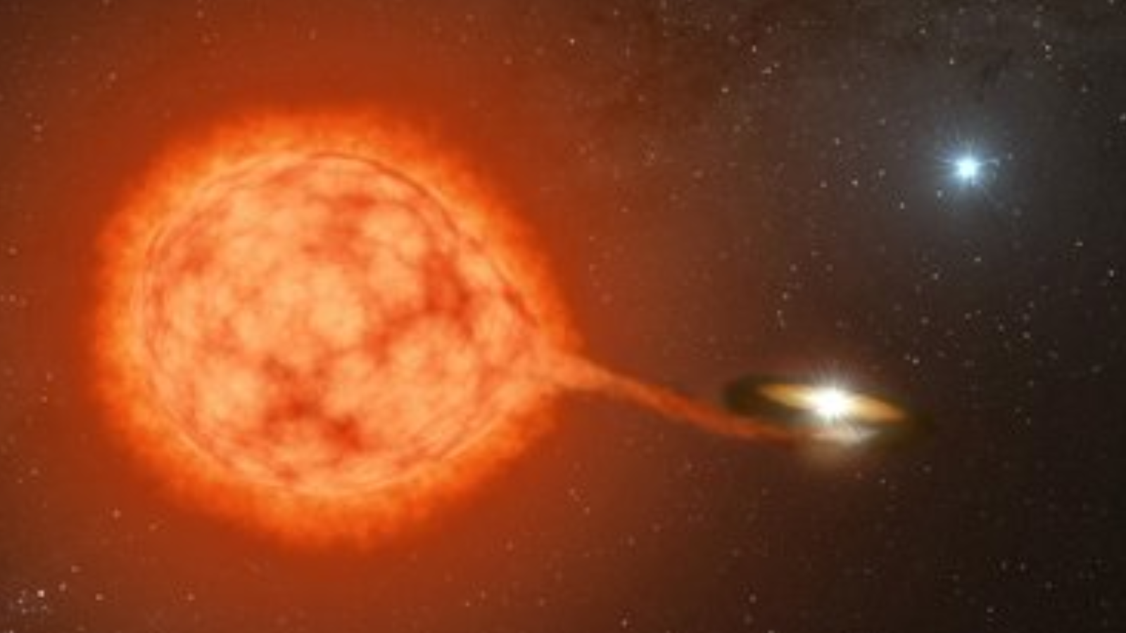 An illustration shows a vampire white dwarf feeding on a victim star, but did the star lurking in the background bring them together