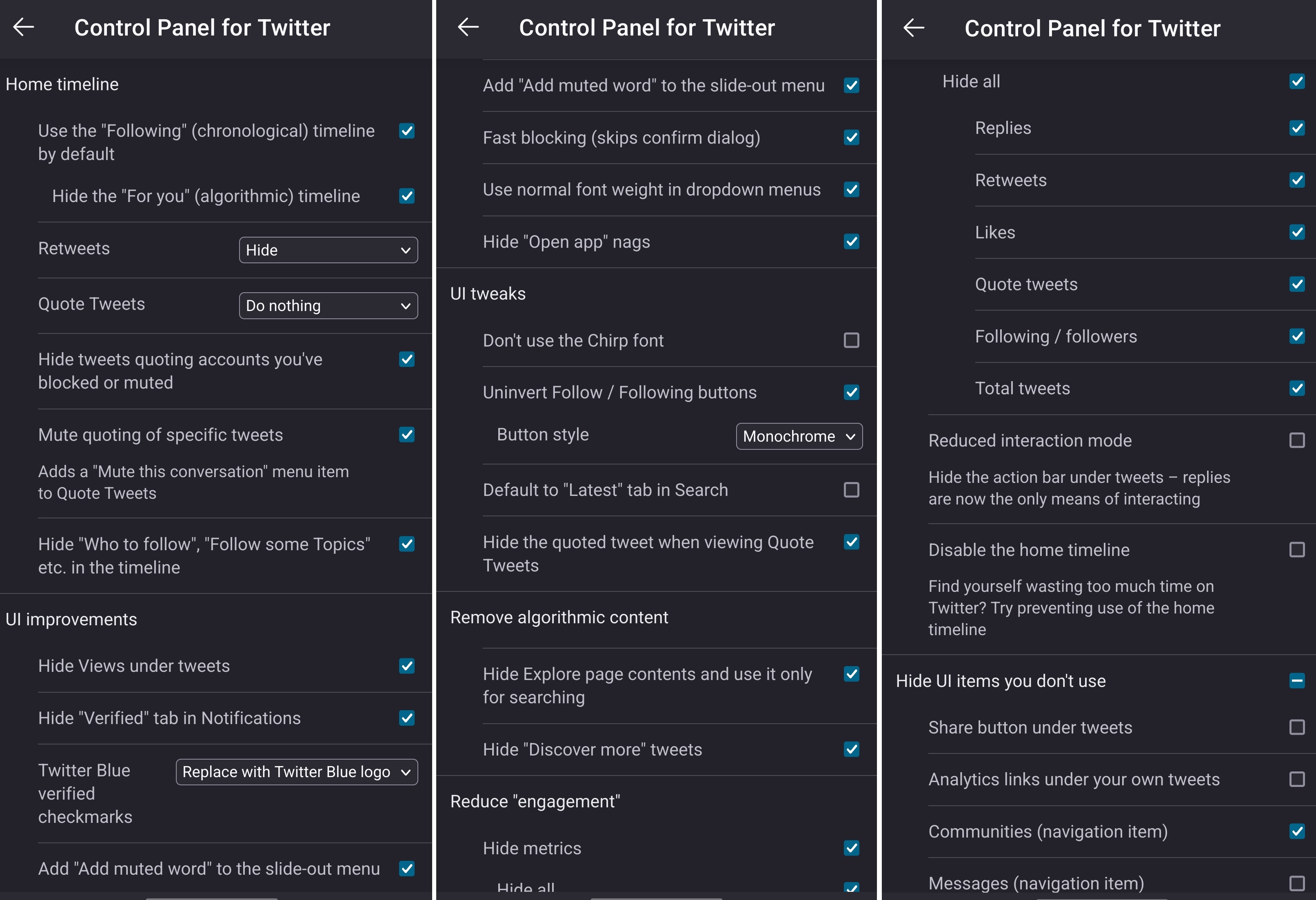 Painel de controle do Twitter no Android