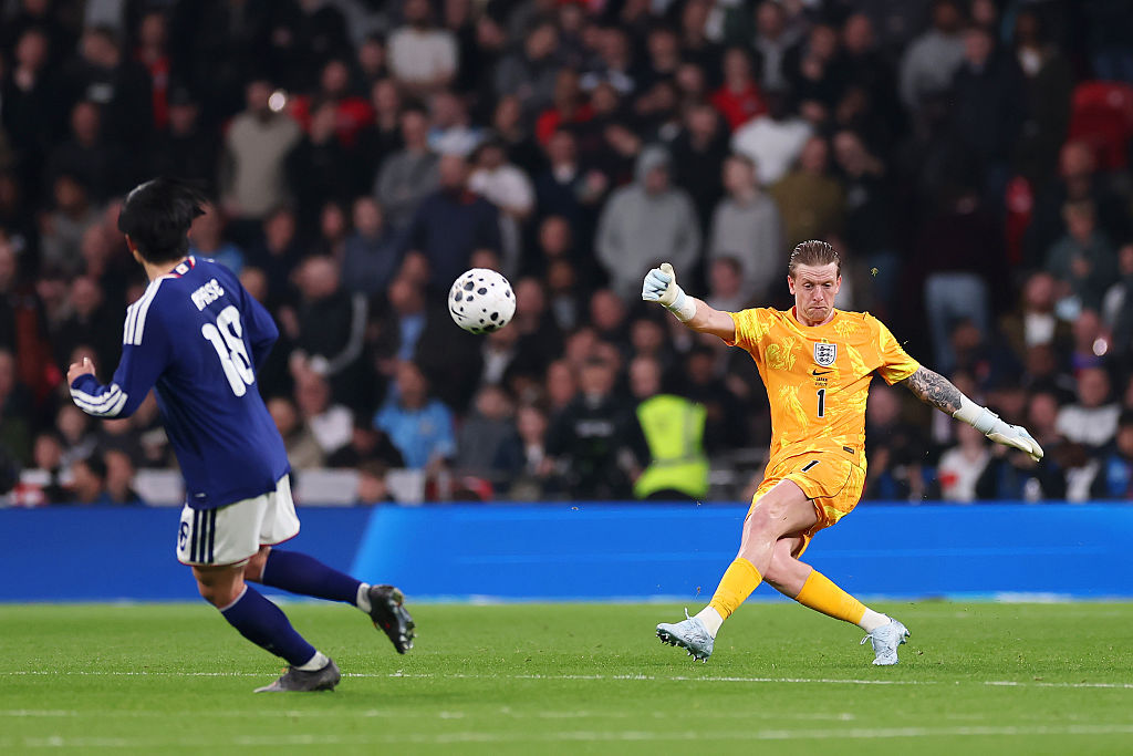 Jordan Pickford of England shoots during the international friendly match between England and Japan at Wembley Stadium on March 31, 2026 in London, England.