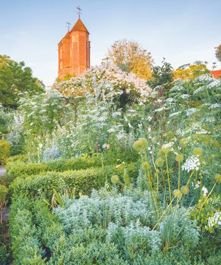 The White Garden in June at Sissinghurst Castle Garden, Kent.