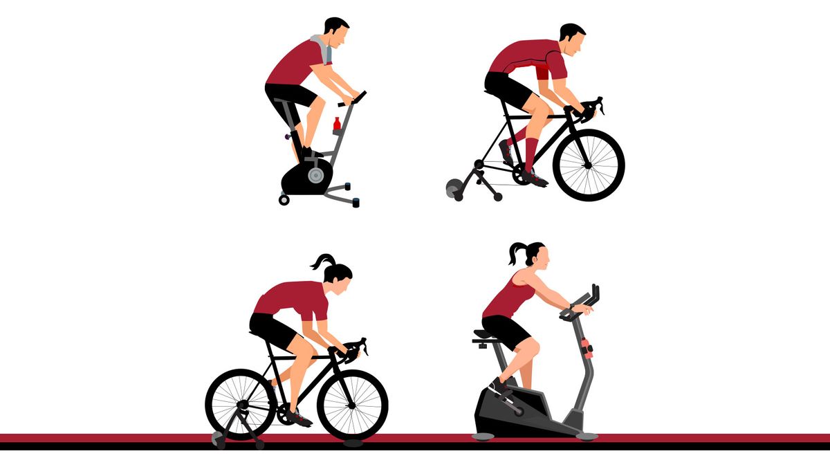 Four illustrations of different forms of indoor cycling