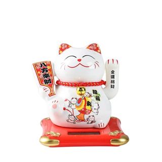 5 1/2”maneki Neko-Solar Waving Cat, in white, with red base