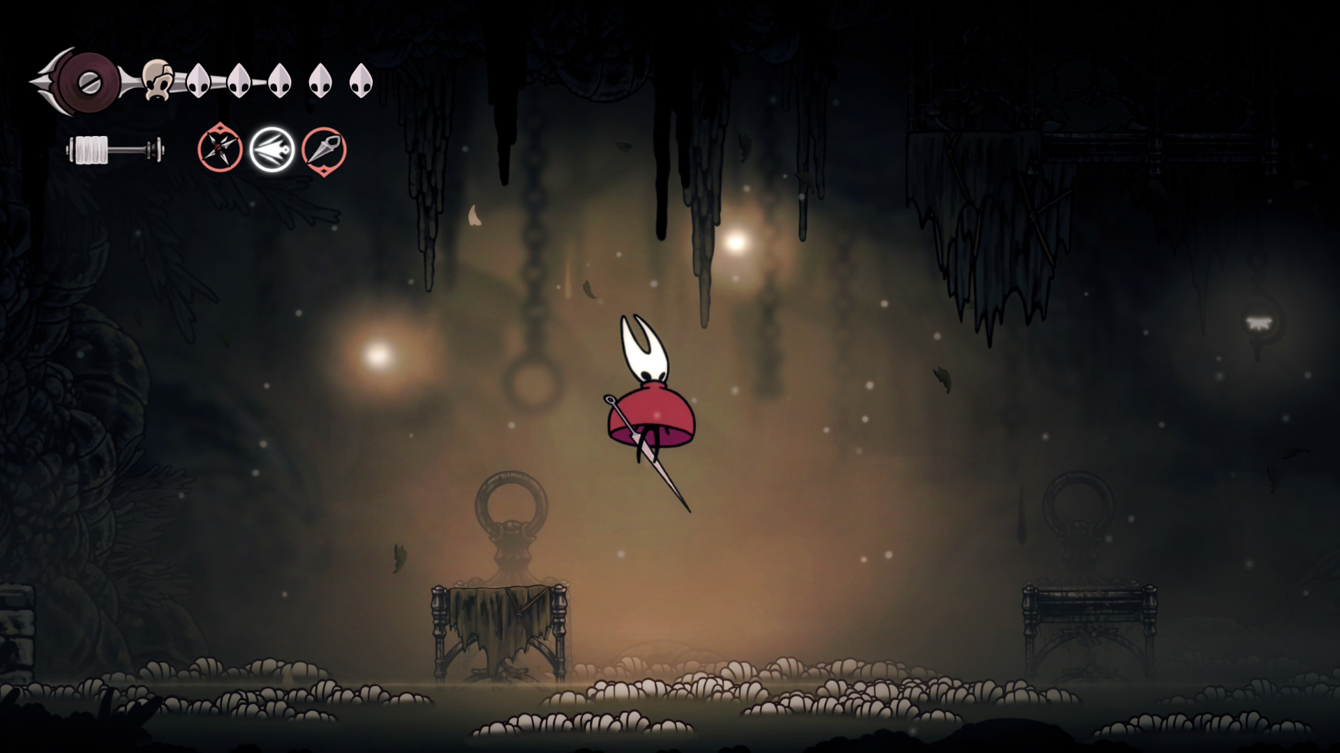 Hornet uses her robe like a parachute to float above maggot-infested waters in Hollow Knight: Silksong