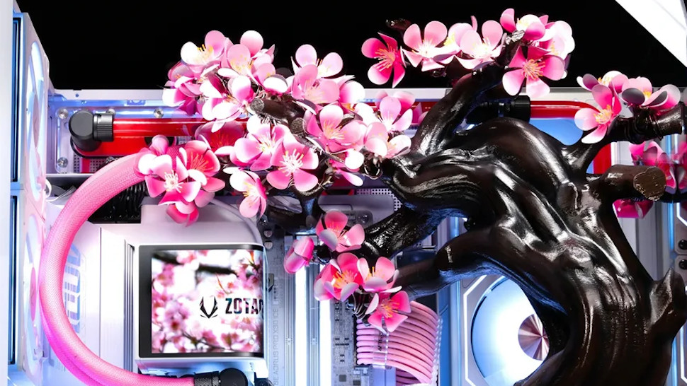 Aftershock Cherry Bloom PC showing metal flowers