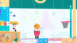 Snipperclips screenshot with one character about to catch a ball in a paper-like diorama of a basketball court