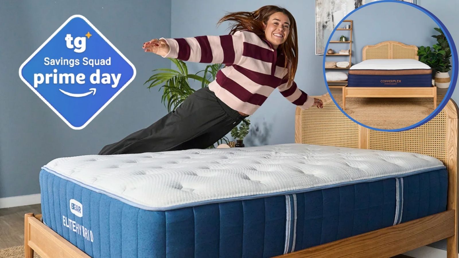 The Bear Elite Hybrid cooling mattress on a brown wicker bed frame, with Tom's Guide sleep tech writer Eve Davies jumping onto it after a great night's sleep. Diamond inset of blue and white Tom's Guide Prime Day Savings Squad badge and circular inset of Brooklyn Bedding Copperflex Pro Hybrid mattress on wicker bed frame.