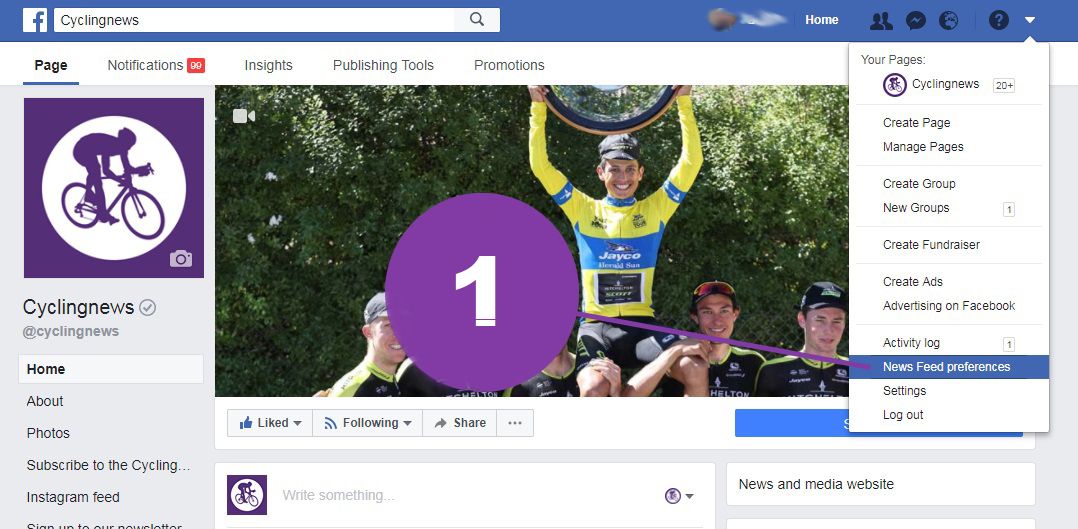 Next, (on desktop) click the tiny dropdown arrow at the top right of the page on Facebook, and select