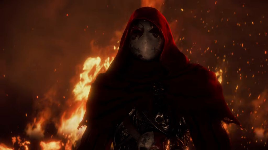 A mysterious figure in a red hooded cloak stands against a backdrop of intense flames, evoking a sense of danger and intrigue in a dark atmosphere.