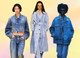 collage of women wearing different kinds of head-to-toe denim
