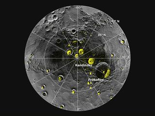 Mercury’s north polar region. The yellow areas are in permanent shadow.