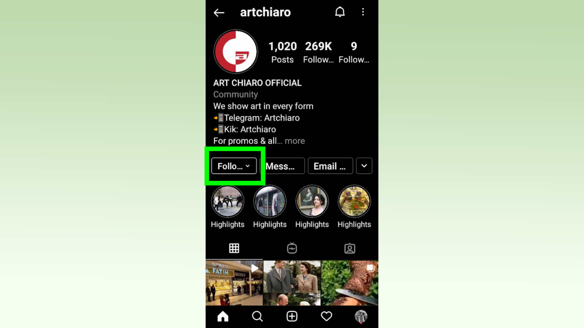 How to mute someone on Instagram - a screenshot of a user's profile on Instagram