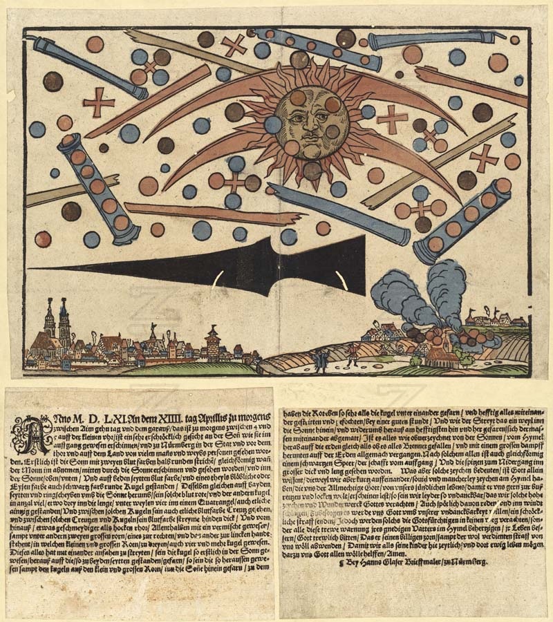A print from April 14, 1561 in Nuremberg, describing the celestial phenomenon that occurred over Nuremberg on the 4th of April 1561. In recent years, the print has been cited as evidence of historical UFO sightings.