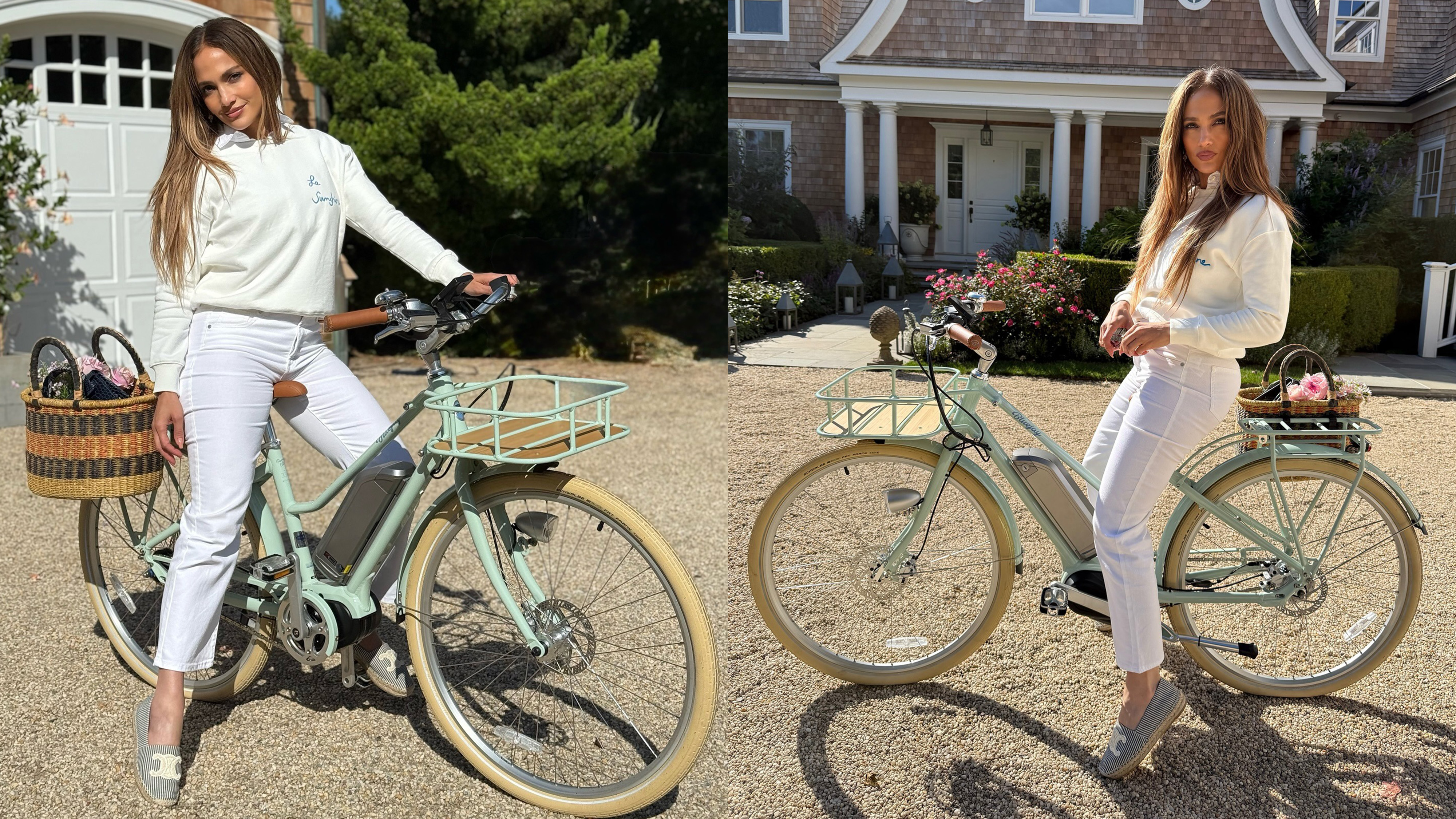 A collage of Jlo wearing a white sweatshirt, white jeans, and celine espadrilles riding a bike.