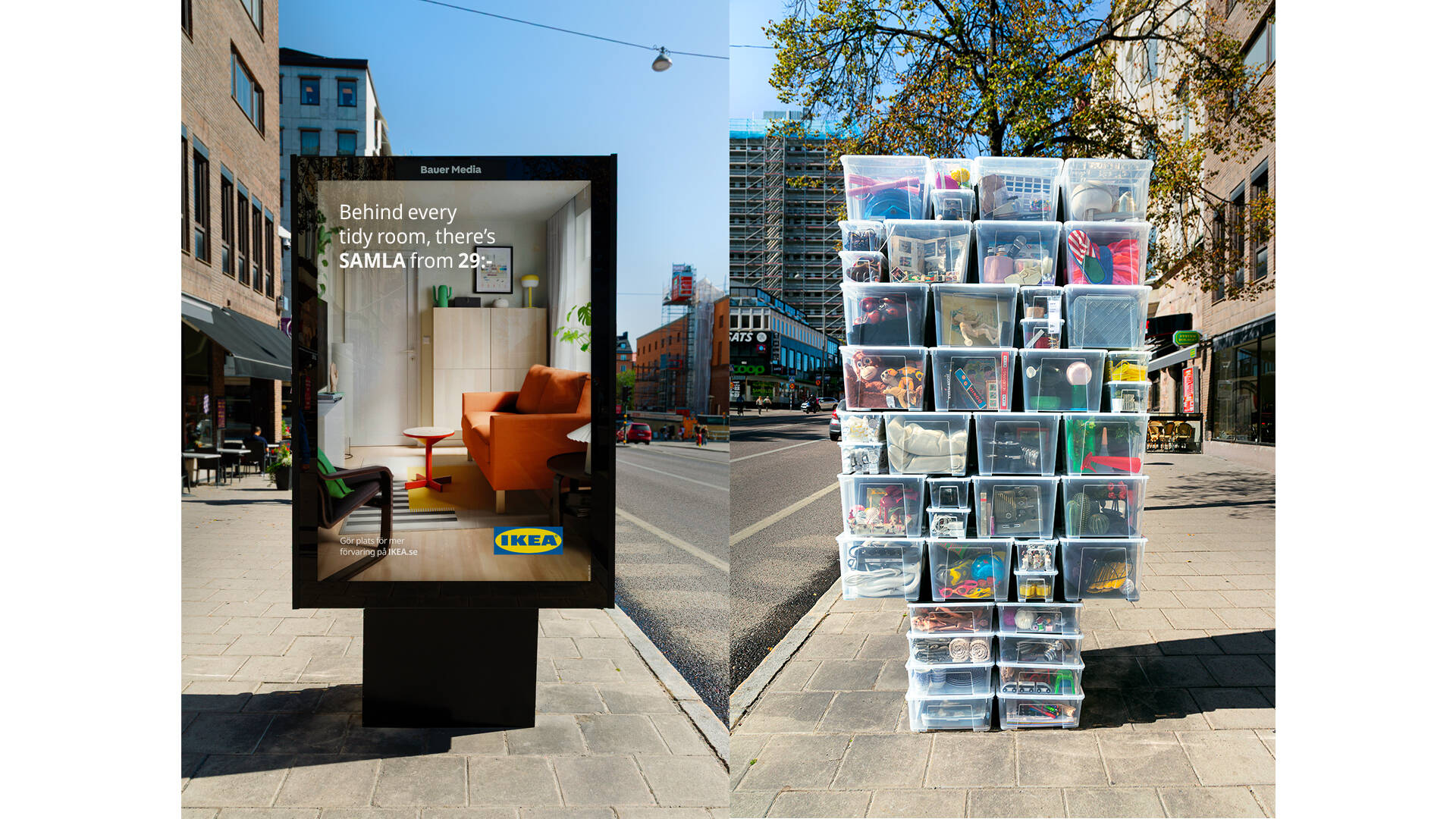 Ikea billboard advert with storage boxes hidden behind it