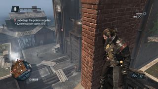 Shay peeks at a factory from behind a rooftop brick chimney in Assassin's Creed Rogue Remastered, a mission tasking him with sabotaging a poison being brewed within