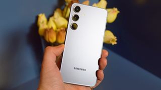 Samsung Galaxy S24 hands on handheld back straight white