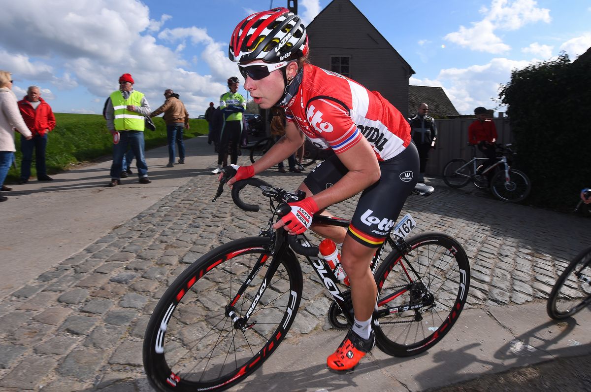 Elise Delzenne (Lotto Soudal Ladies) riding Dwars Door Vlaanderen in the spring