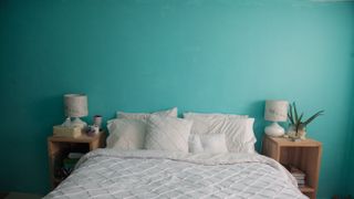 Blue, Bed, Room, Green, Interior design, Bedding, Wall, Furniture, Bedroom, Textile,