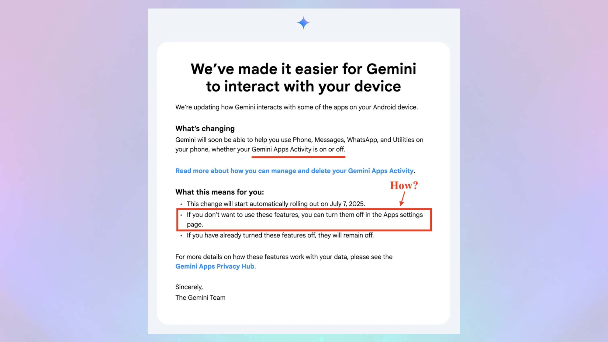 The apparent email from Google Gemini