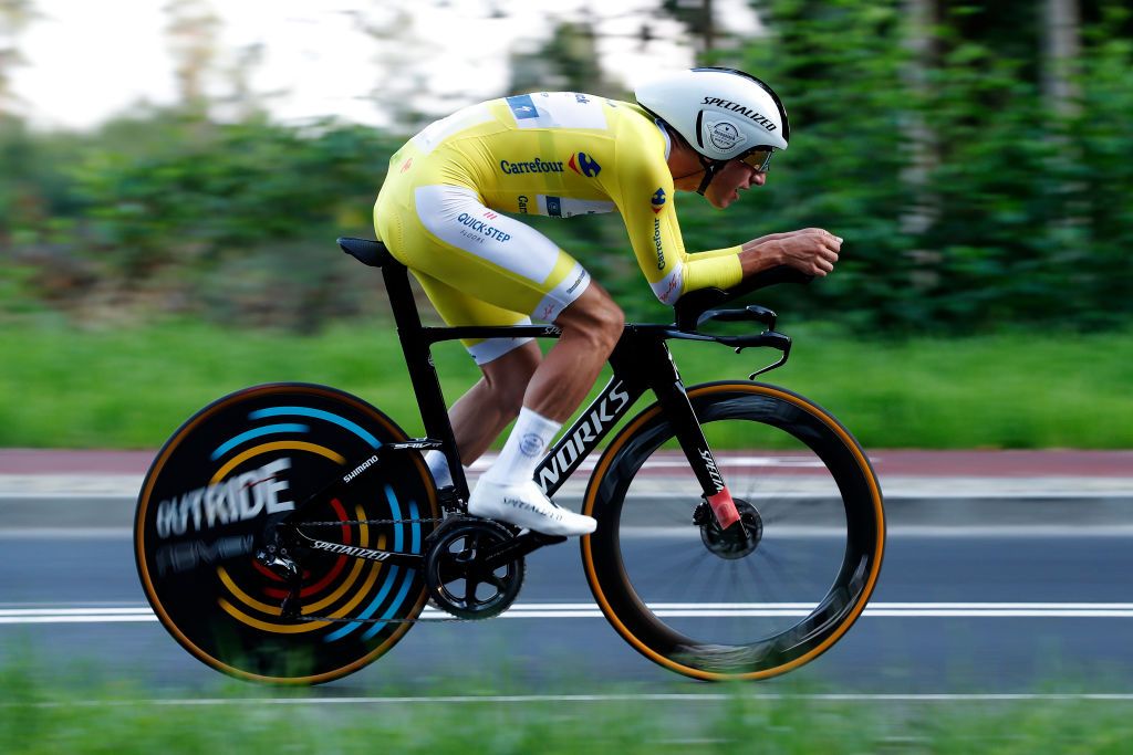 KATOWICE POLAND AUGUST 14 Joo Pedro Gonalves Almeida of Portugal and Team Deceuninck QuickStep Yellow Leader Jersey competes during the 78th Tour de Pologne 2021 Stage 6 a 19km Individual Time Trial stage from Katowice to Katowice TourdePologne TDP2021 UCIWT on August 14 2021 in Katowice Poland Photo by Bas CzerwinskiGetty Images