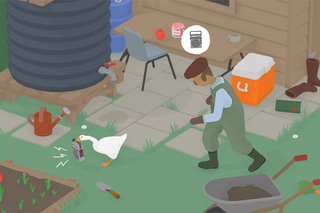 En gubbe jagar en bråkstake till gås i Untitled Goose Game.