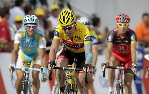 A dejected Cadel Evans (BMC) arrives at the finish.