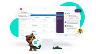 Screenshot of Salesforce Sales Cloud with stylized graphic of person in bear suit