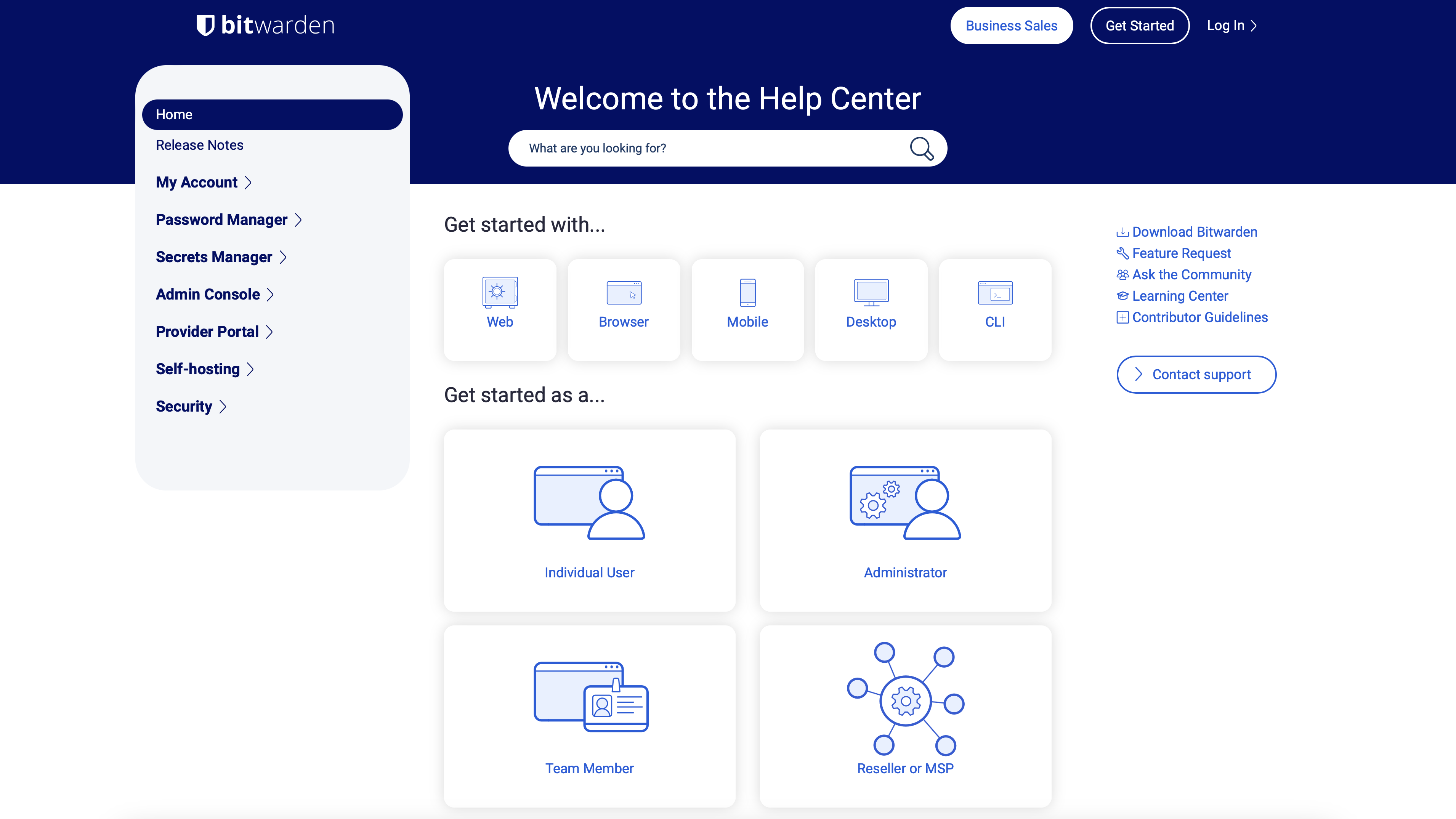 Screenshot of Bitwarden's help center