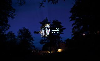 A vibrant projection of lights on the tree photographed from a distance at night