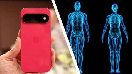 Google Pixel 11 phone in hibiscus and image of body scans