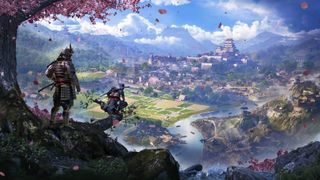 Assassin's Creed Shadows screenshot shows Naoe and Yaskue looking out over the Japanese landscape with a cherry blossom tree framing them