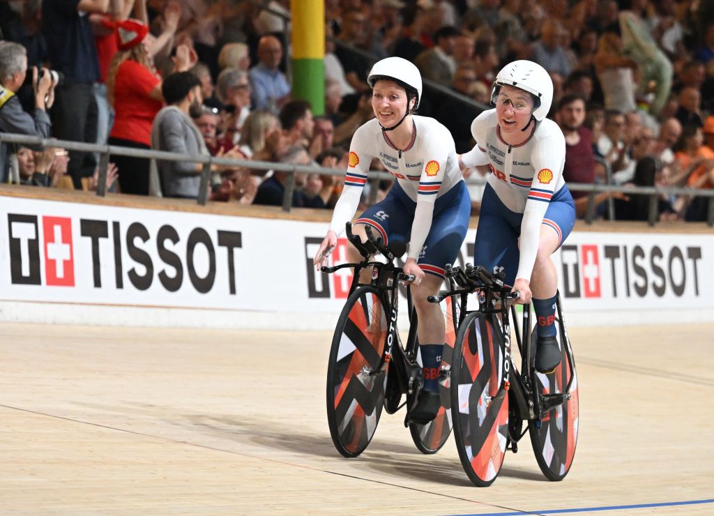 Great Britain&#039;s team members celebrate after the Women&#039;s Team Pursuit victory at the UCI Track Cycling World Championships