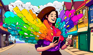 A cartoon of a woman holding a phone with a rainbow bursting from it