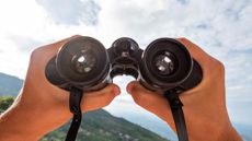 Binoculars focus on the horizon.