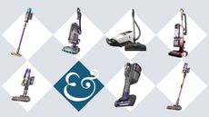 7 of the best vacuums cut out on a white diamond on pale blue grid, with one in teal and loaded with the ampersand Homes & Gardens logo
