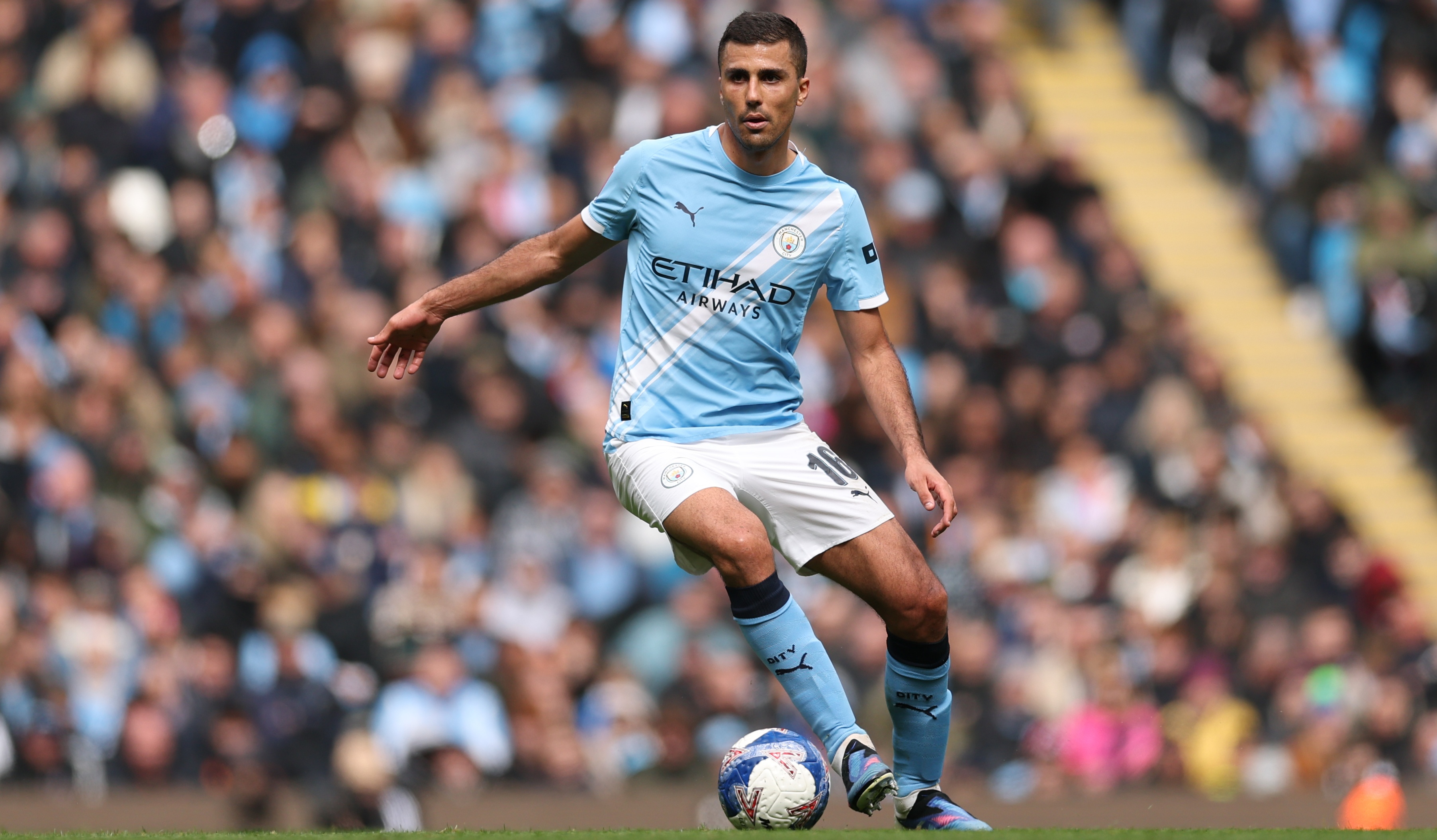 Rodri of Manchester City during the Emirates FA Cup Quarter Final match between Manchester City and Liverpool on April 04, 2026 in Manchester, England