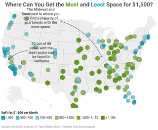 Map of US showing cities offering largest and smallest apartments for $1500 rent