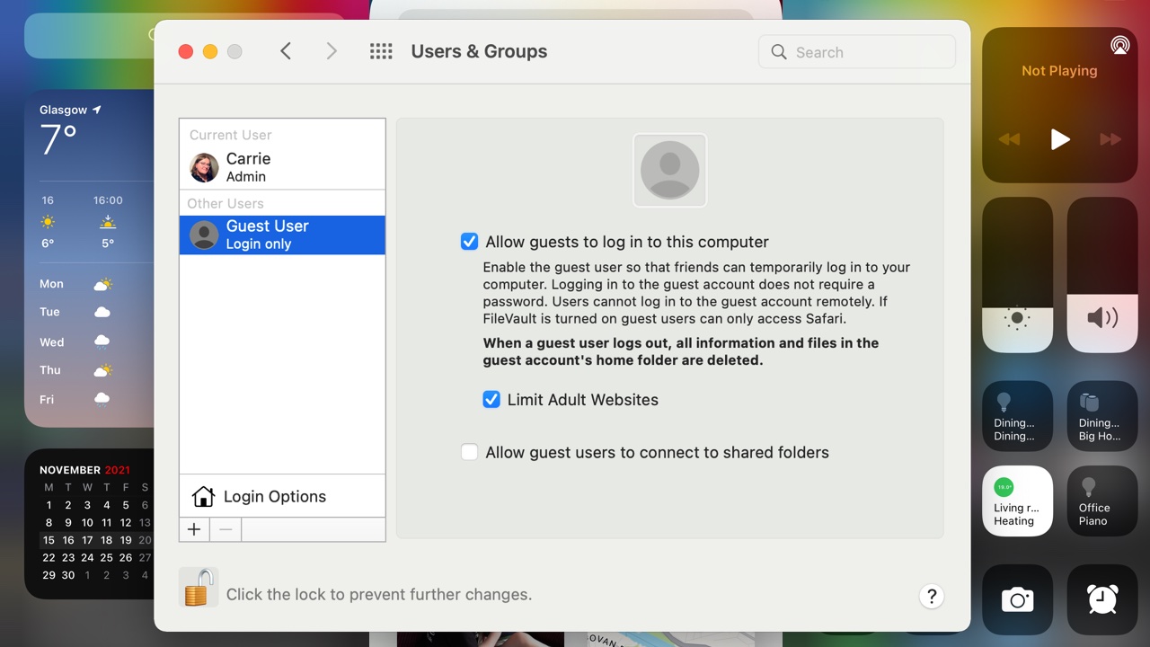 Screen shot showing macOS Guest User options