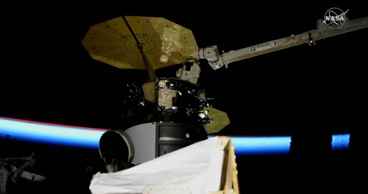 The Cygnus NG-13 cargo ship is connected to the International Space Station's Unity module on an Earth-facing port as a sunset begins in space on Feb. 18, 2020.