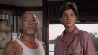 Mr. Miyagi (Pat Morita) and Daniel LaRusso (Ralph Macchio) discuss the former's family history in The Karate Kid: Part II