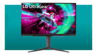 A LG UltraGear 27GR93U 4K gaming monitor looms out of a white-bordered teal void.