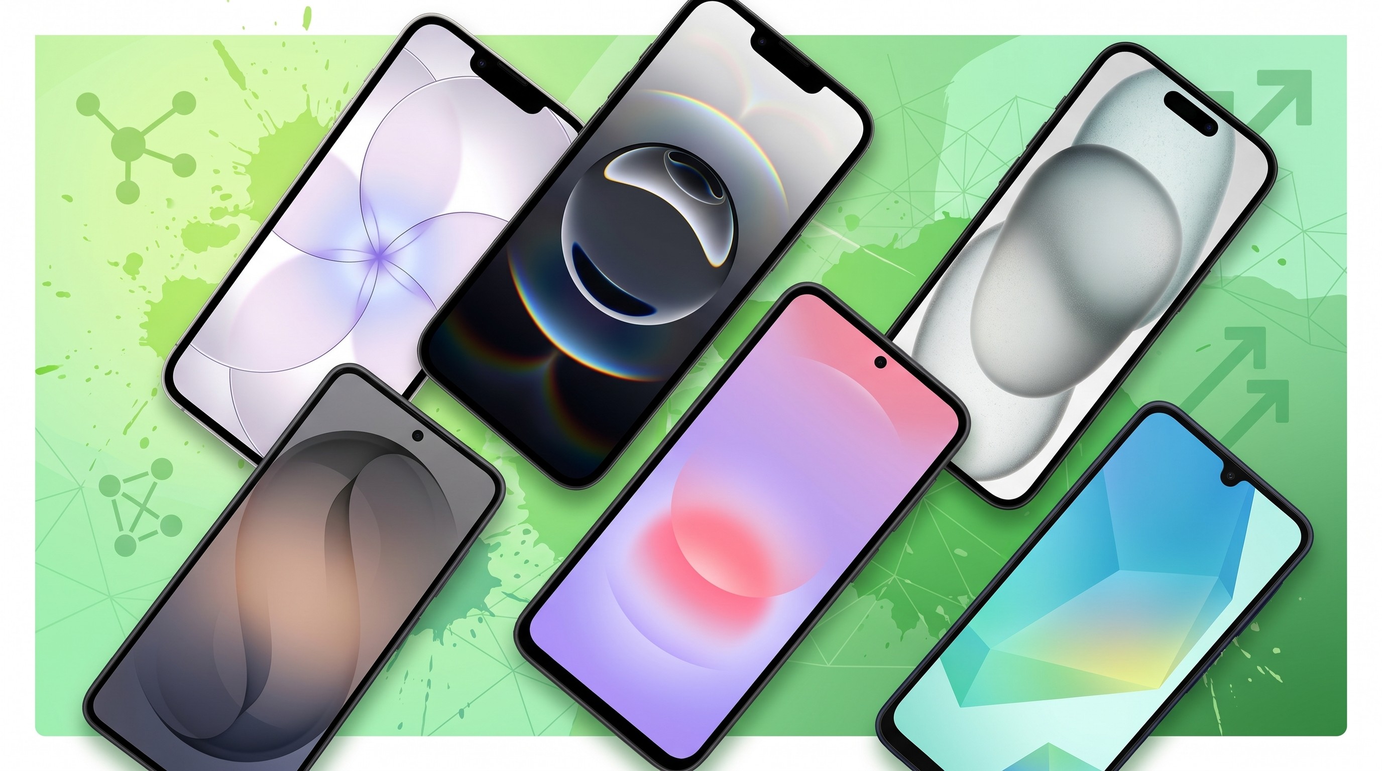 Several devices from Apple, Samsung, and Motorola on a green background.